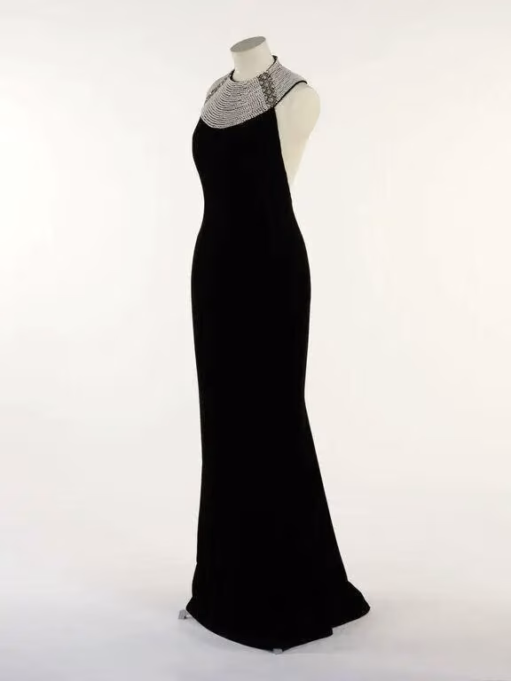 Black velvet evening dress with jeweled yoke — Catherine Walker, 1994