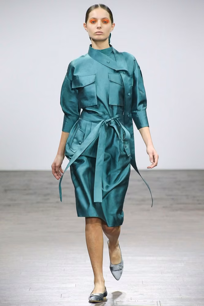 Teal belted shirtdress — Nino Babukhadia, Tbilisi Spring 2017