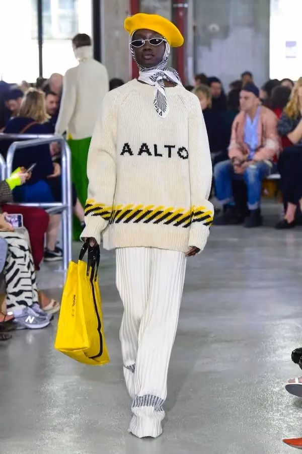 AALTO knit top and pleated pale trousers — Tuomas Merikoski, Autumn/Winter 2019