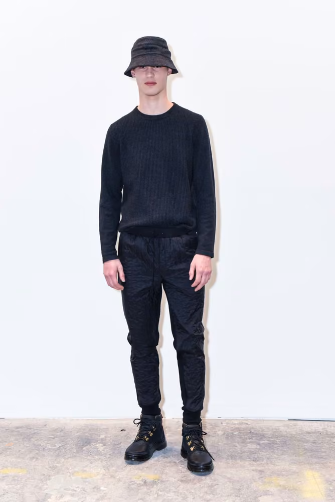 Navy crewneck top and dark trousers, Zachary Prell, Fall 2017 Menswear.