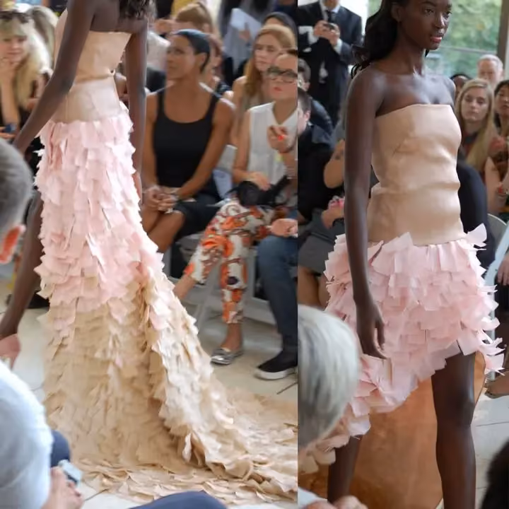 Pink and sand strapless dress with a tiered train — Nina Skarra, Spring/Summer 2013