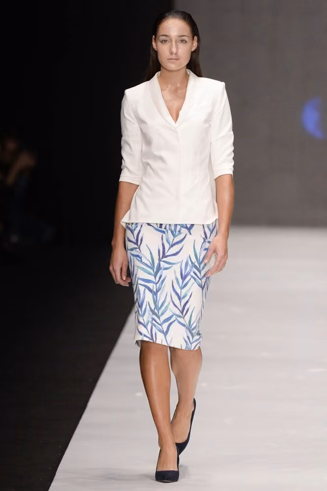 White jacket and blue patterned skirt — Ksenia Knyazeva, Russia Spring 2017