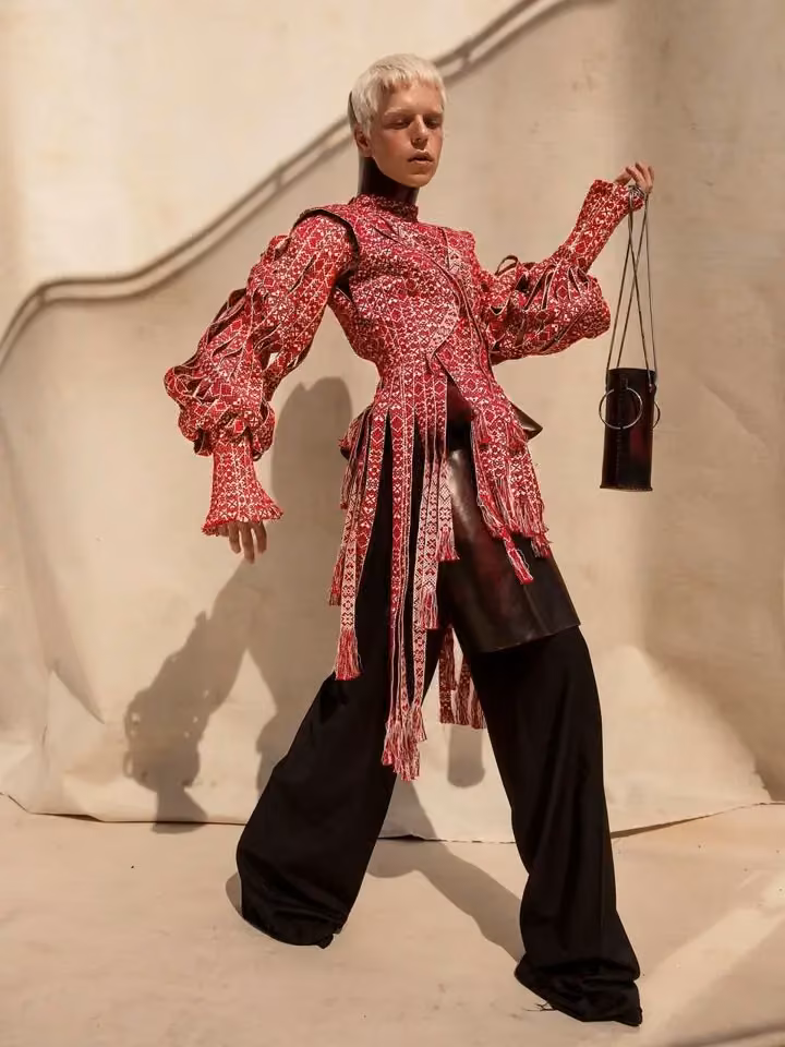 Folklore-inspired red jacket ensemble — Amanda Borgfors Mészáros, 2018