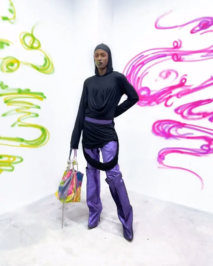 Navy top and purple trousers — Alectra Rothschild, Fall 2023