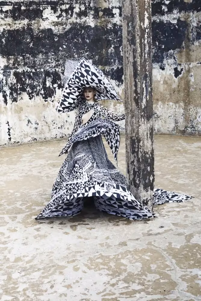 Chaos Sensitive sculptural printed hooded look — Naim Josefi, 2013