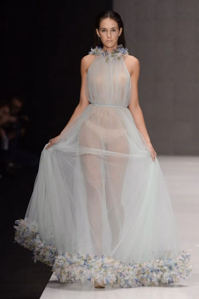Sheer pale blue gown with floral trim — Ksenia Knyazeva, Russia Spring 2017