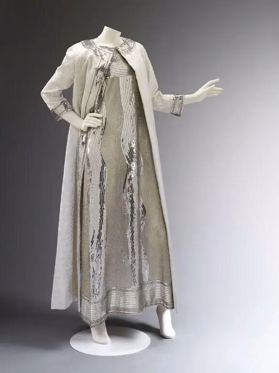 Embroidered evening dress and matelassé coat — Mila Schön, 1966