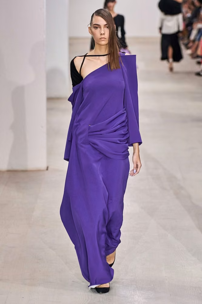 Purple asymmetric long dress by Marta Jakubowski, Spring 2020 Ready-to-Wear.
