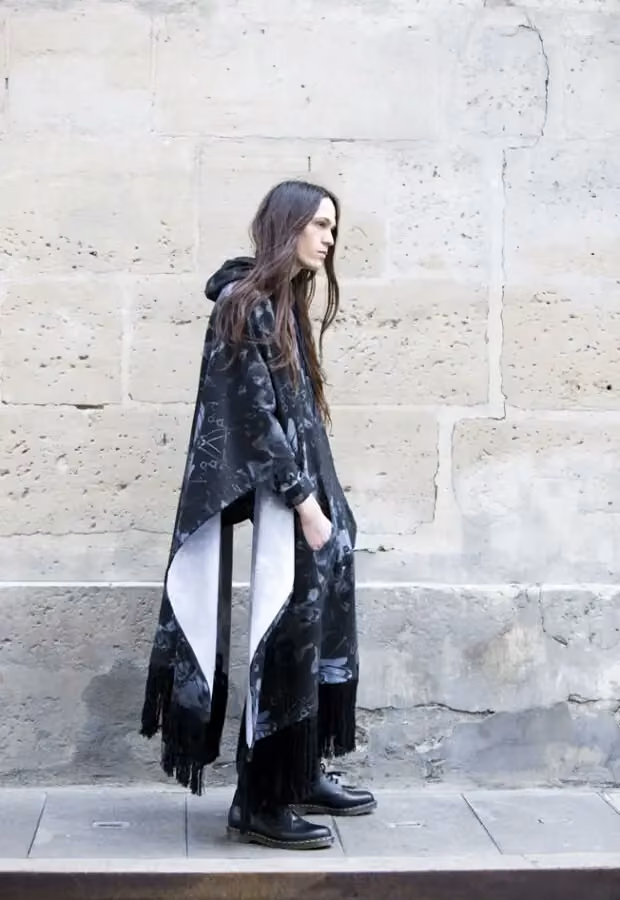 Asymmetric printed cape with fringed hem — Anna Laitinen, Autumn/Winter 2010