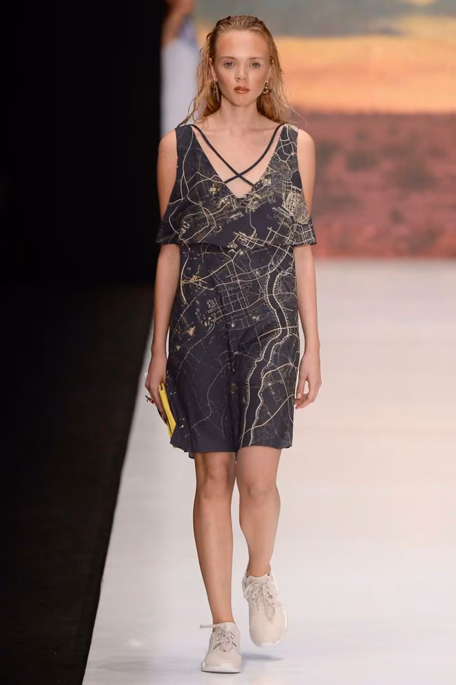 Dark graphic sleeveless dress by Dasha Gauser, Russia Spring 2017.