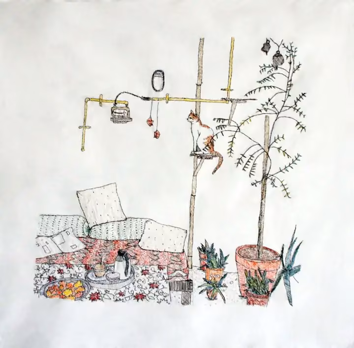 Embroidered garden-and-picnic textile — Julie Skarland, Date not documented