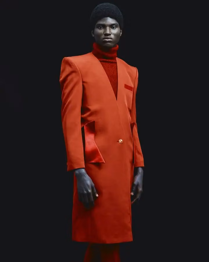 Red coat with angular shoulders — Adebayo Oke-Lawal, Presented 2024