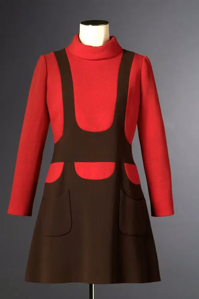 Raspberry and chocolate minidress — Louis Féraud, 1967