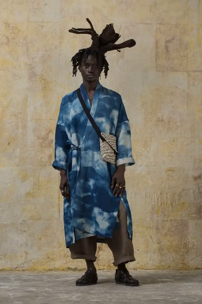 Blue patterned tunic with loose cropped trousers — Jan-Jan Van Essche, 2024