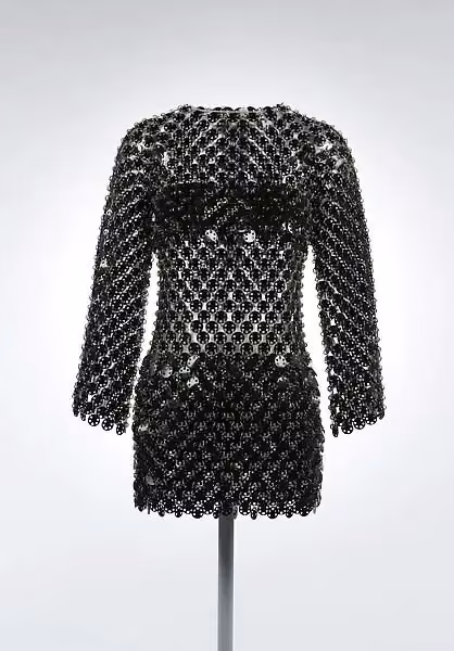 Black Rhodoid disc dress — Paco Rabanne, 1969