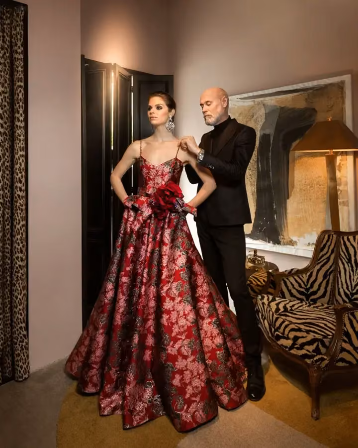 Red floral strapless ball gown — Lars Wallin, Date not documented; exhibited 2024
