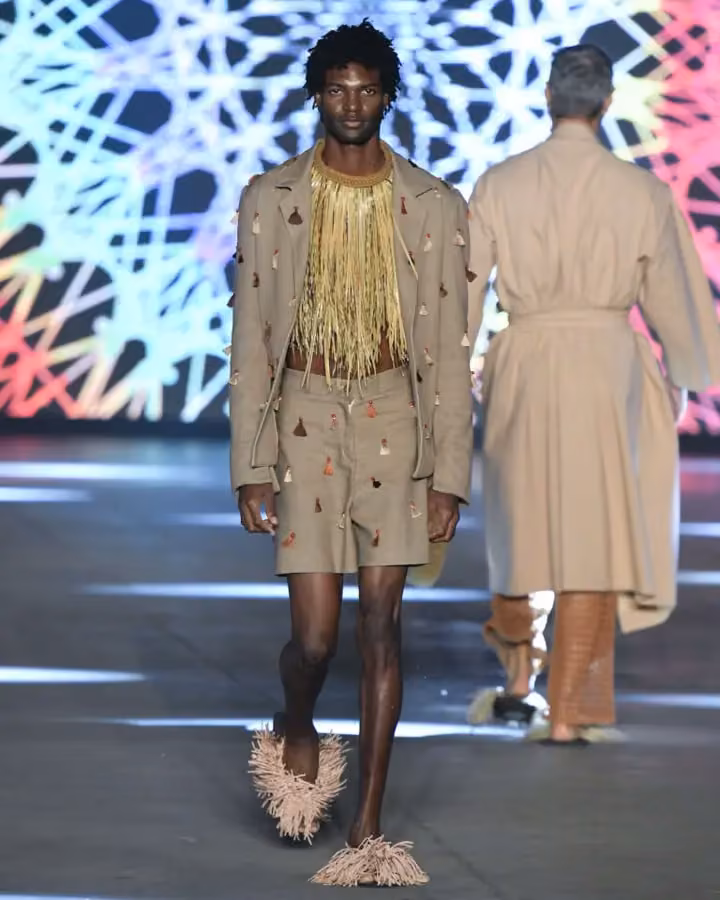 Sand-coloured embroidered shorts suit — Dayana Molina, Shown July 2024