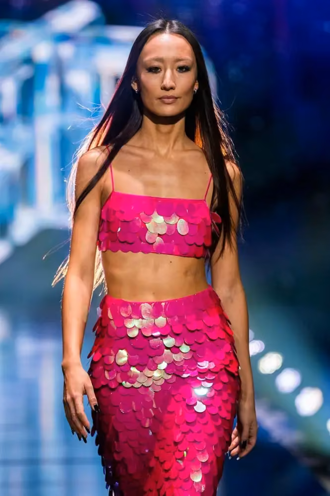 Hot-pink sequinned bandeau top and fitted skirt — Jeanette Madsen, Autumn/Winter 2023