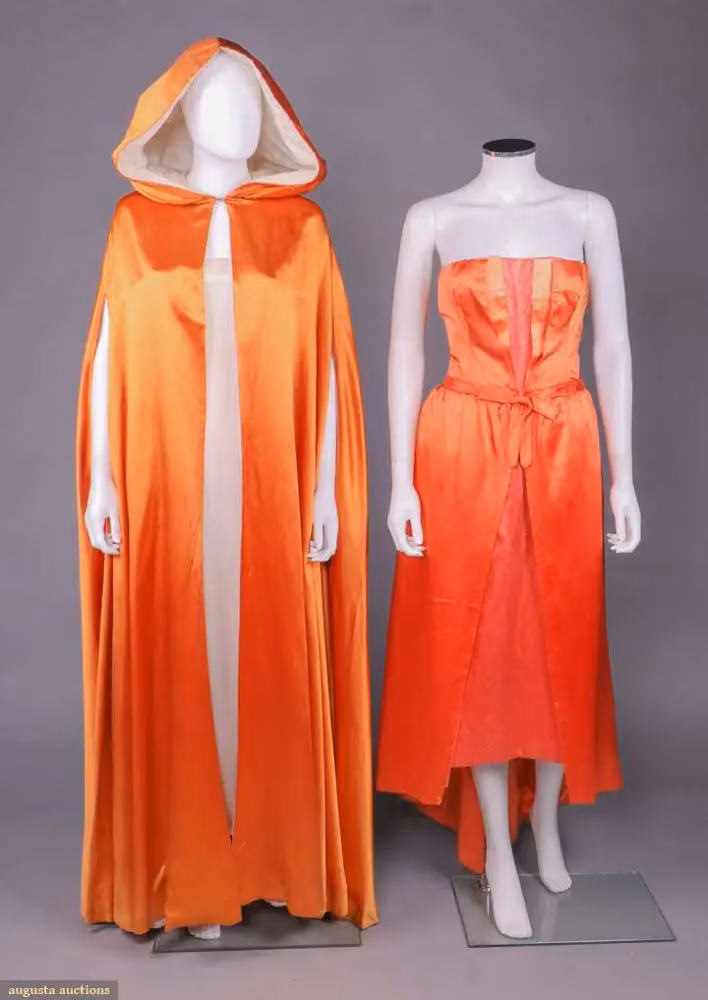 Tangerine silk evening dress, at right — Maria Antonelli, 1950s