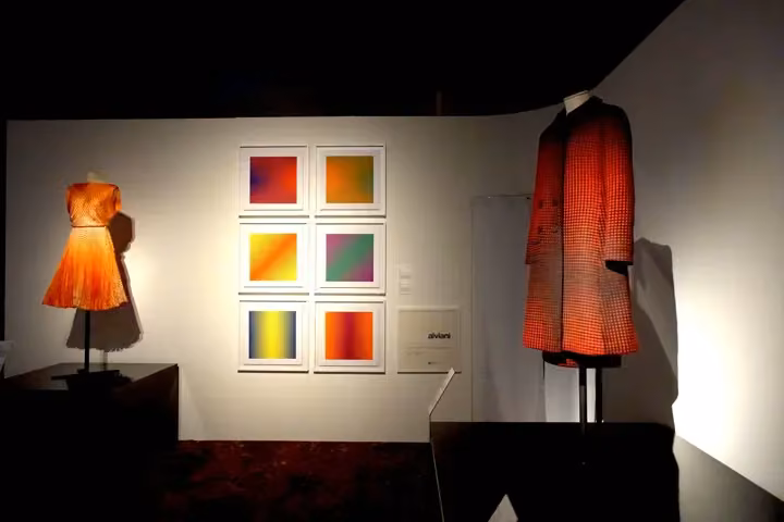 Optical cocktail dress, at left — Germana Marucelli, Spring–Summer 1965