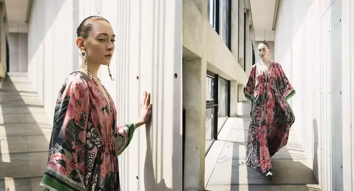 Pink and green printed long dress — Biyan Wanaatmadja, Spring/Summer 2021