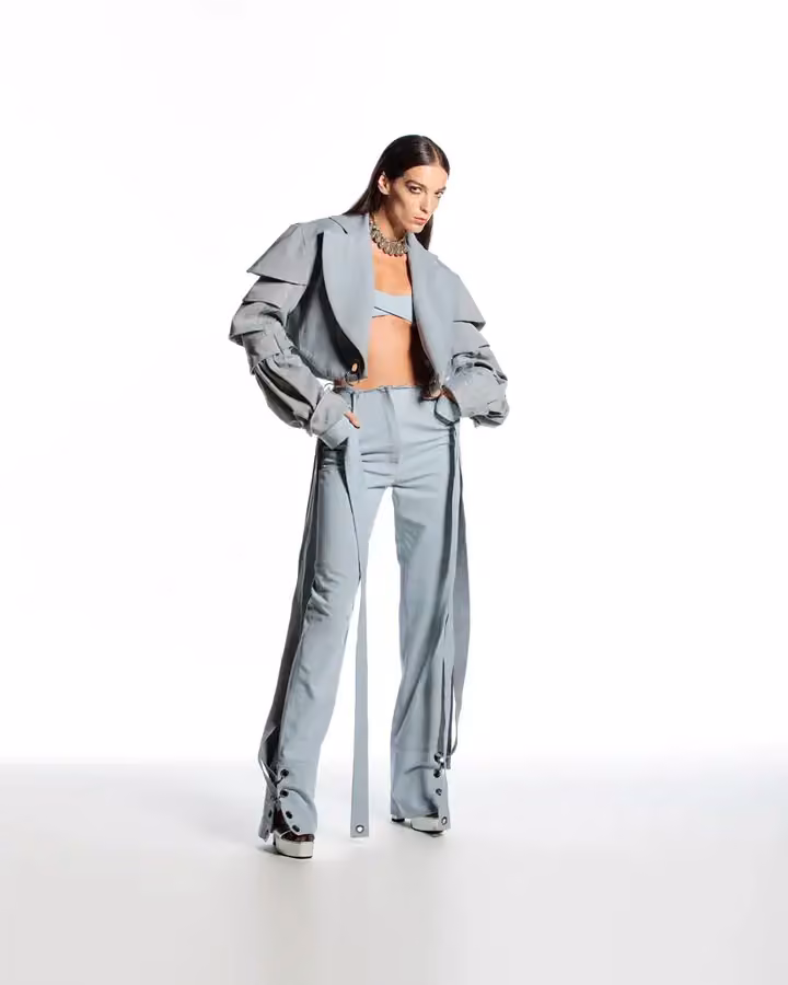 Grey cropped sculptural jacket and wide-leg tailored trousers — Hussein Bazaza, Date not documented