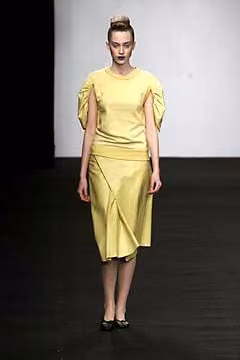 Yellow draped dress by Shelley Fox, Fall 2001 Ready-to-Wear.