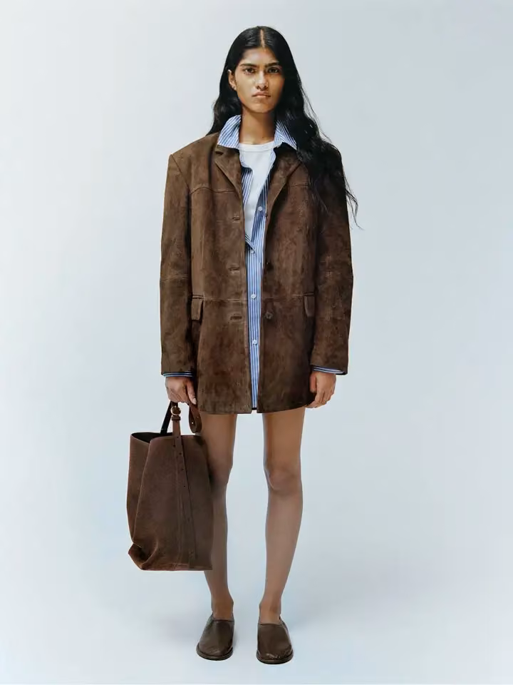 ARKET brown suede jacket with short skirt — Ella Soccorsi, Autumn/Winter 2024