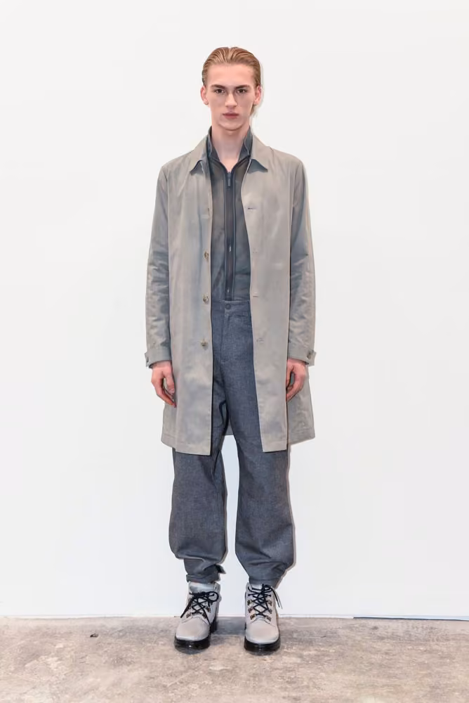 Gray coat and gray jeans, Zachary Prell, Fall 2017 Menswear.