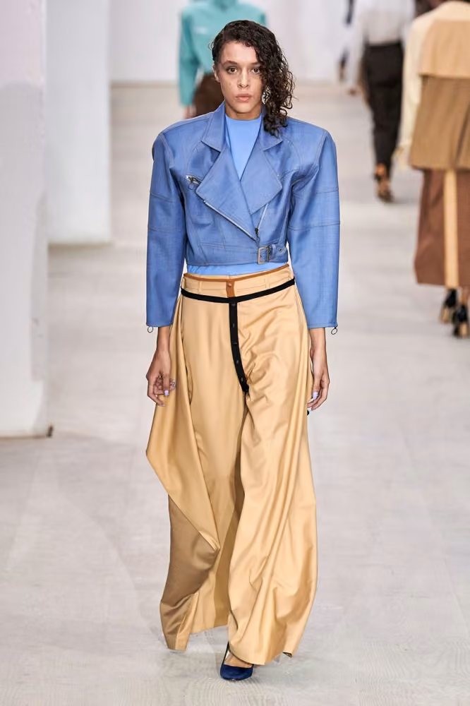 Blue cropped jacket and gold trousers by Marta Jakubowski, Spring 2020 Ready-to-Wear.