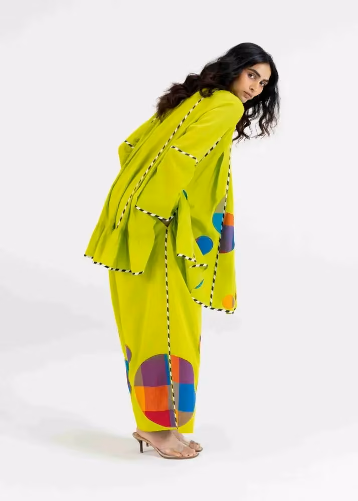 Lime-green asymmetric top and trousers — Abu Jani & Sandeep Khosla, Date not stated
