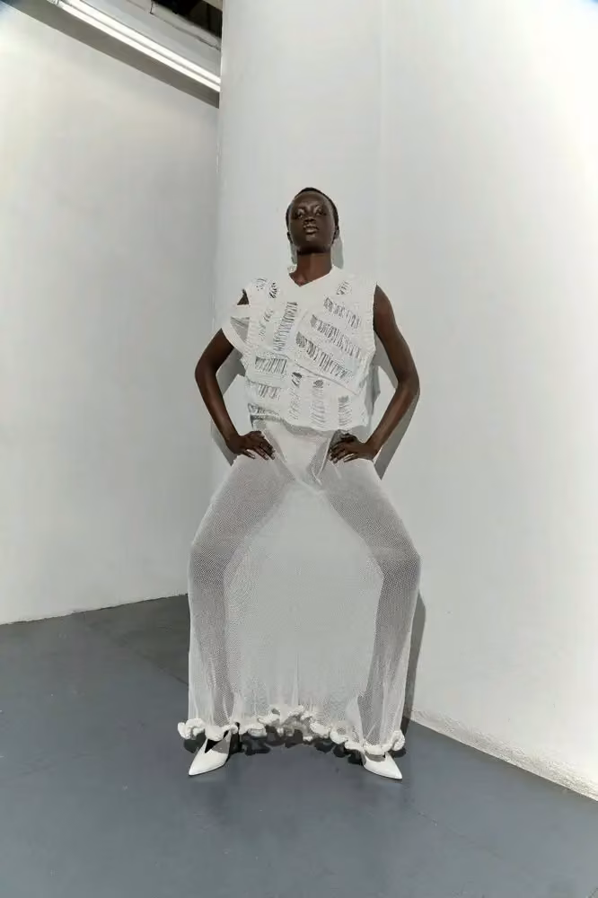 White Wave Dress in upcycled mesh and crochet with ruffled hem — Aisling Camps, Date not documented