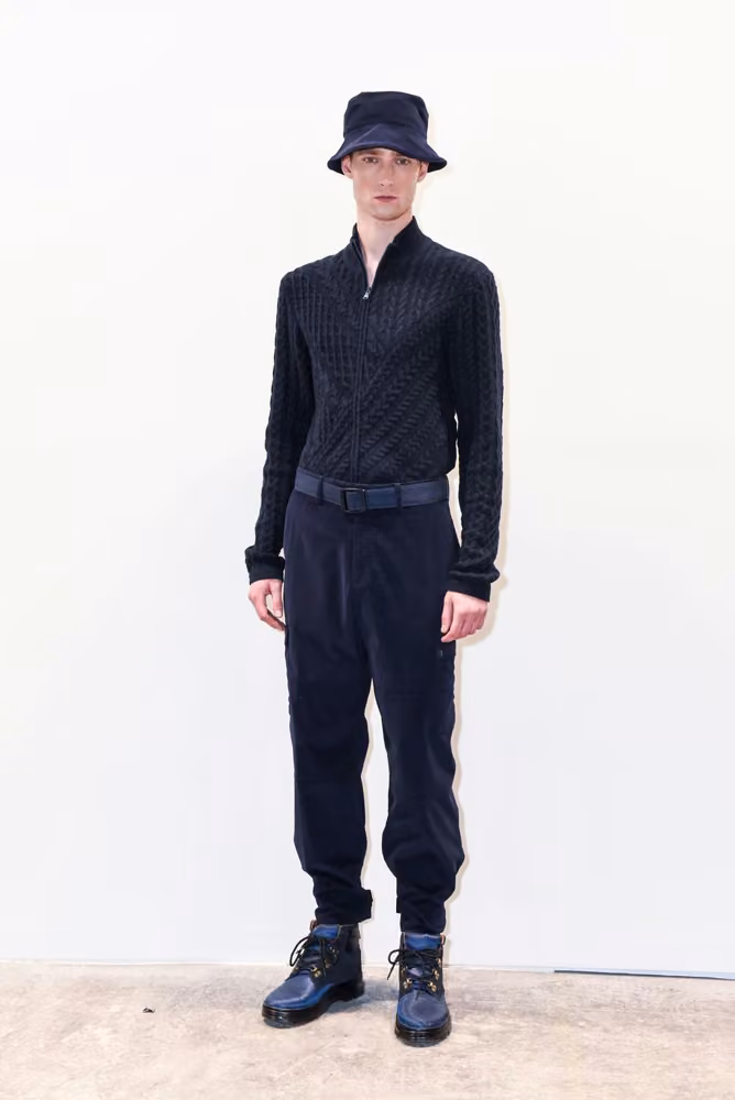 Navy V-neck sweater and dark trousers, Zachary Prell, Fall 2017 Menswear.