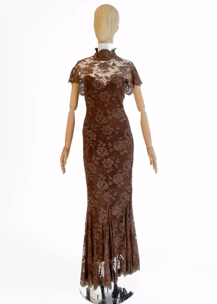 Brown lace mermaid dress — Guy Paulin, Circa Fall 1984 (dealer attribution)